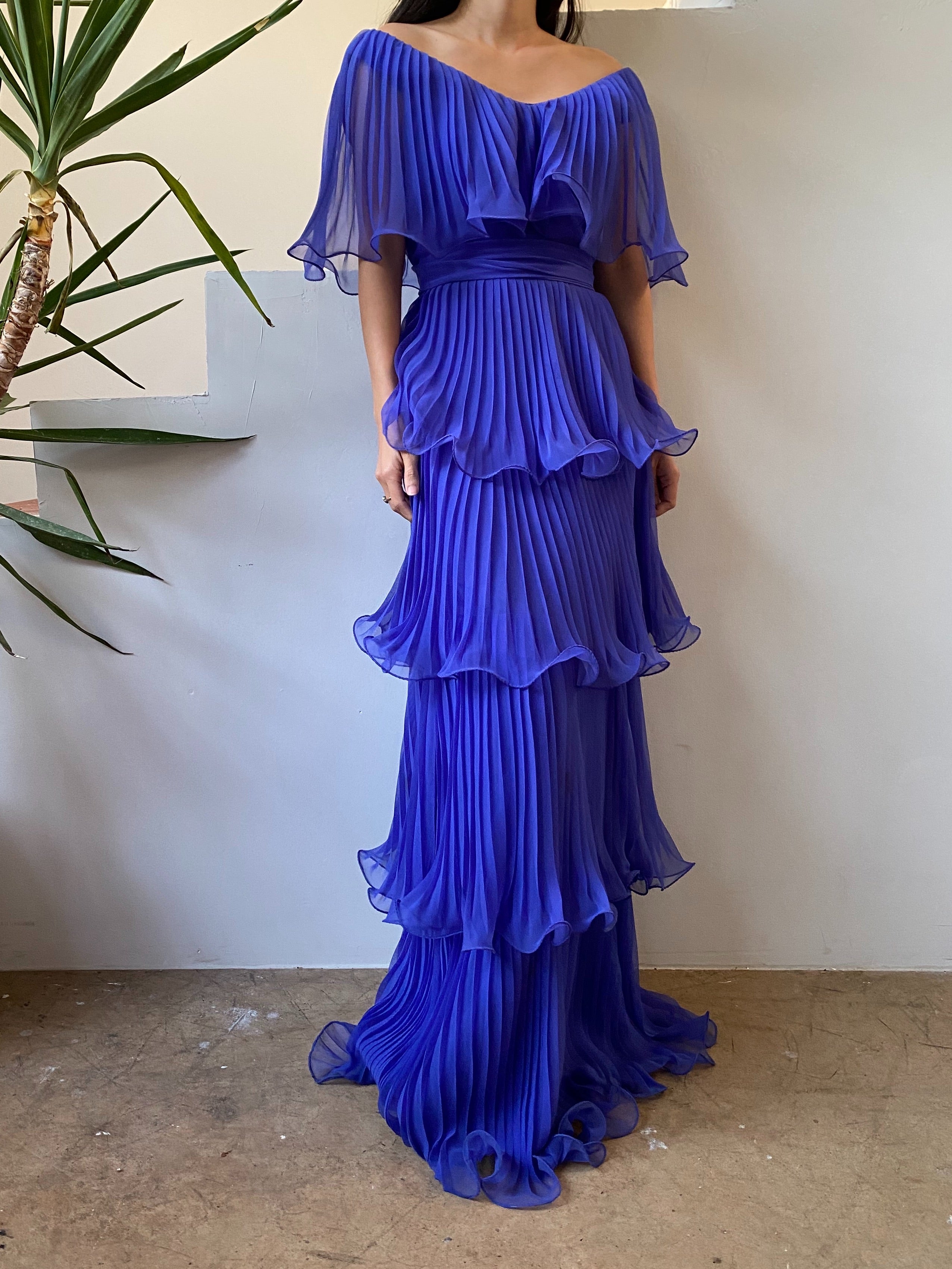 1960s Royal Blue Pleated Chiffon Dress ...